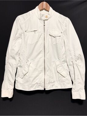 Esprit White Cotton Utility Jacket Zip Front Moto Style Size 10